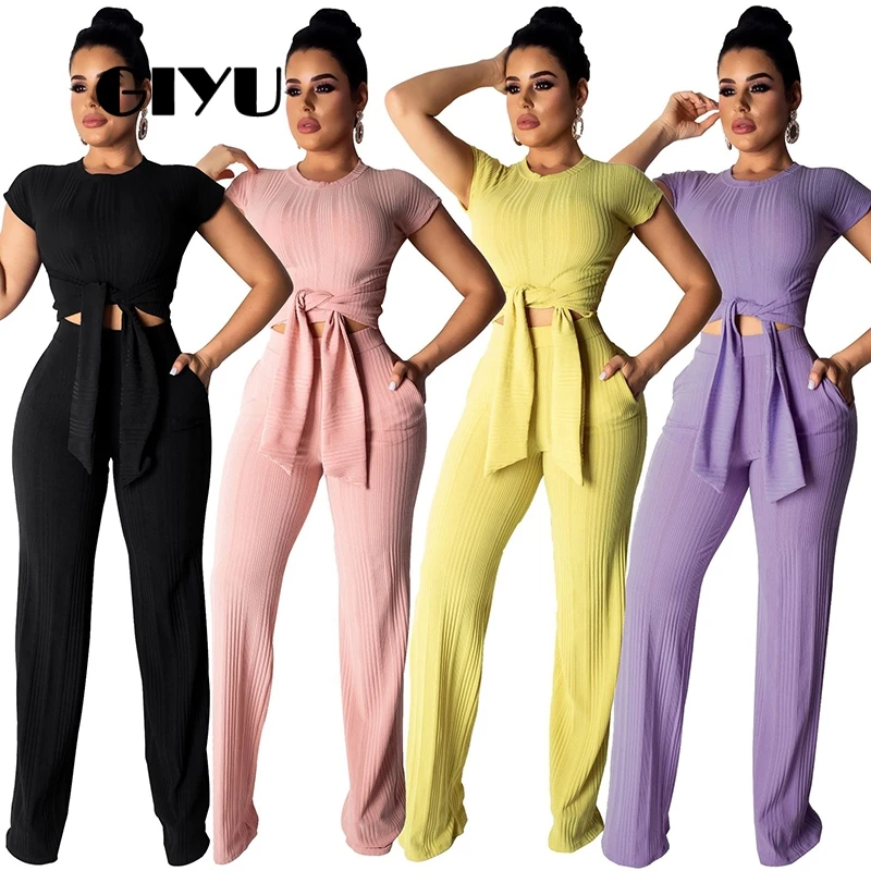 

GIYU Tie-up Women Sets Crop Short Sleeve Tracksuits High Waist 2 Piece Set Skinny Wide Leg Overalls Casual ensemble femme