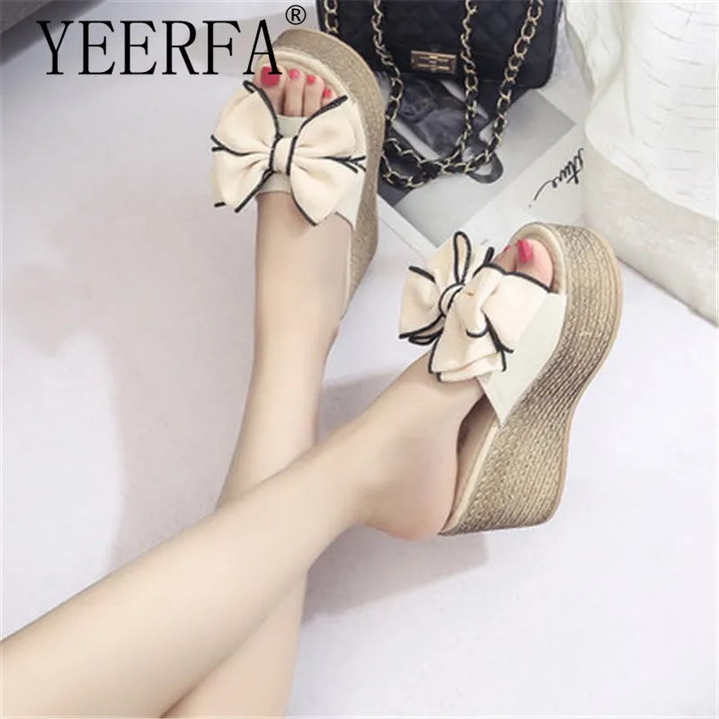 

2018 waterproof ladies slippers out email platform wedge sandals thick high-heeled platform flip flops black white size 34-40