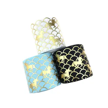 

75mm (3 inch) wholesale unicorn holographic gold scale grosgrain ribbon with custom accept ,100yards