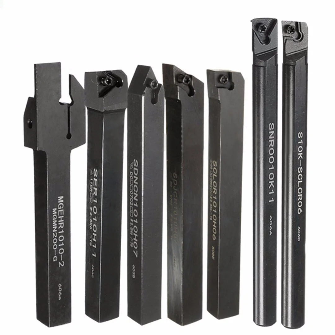 PDTO 7pcs Set of 10mm CNC Lathe Turning Tool Holder Boring Bar with 7pcs DCMT CCMT Cutting Insert Blade with 7pcs Wrench