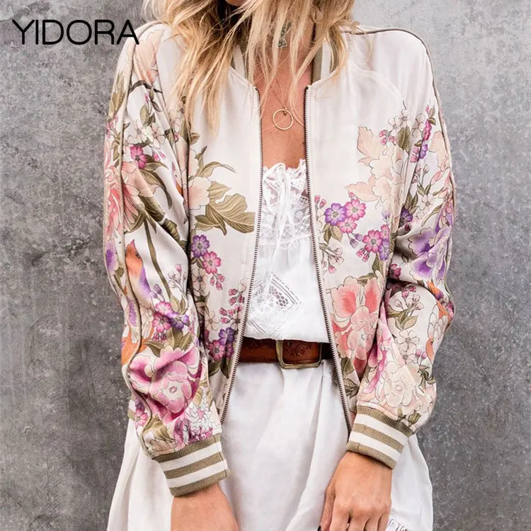 

Hot Sale 2018 Women Black/Beige Stand Collar Multicolor Floral Print Zip Up Bomber Jacket Feature Contrast Striped Ribbed Trim