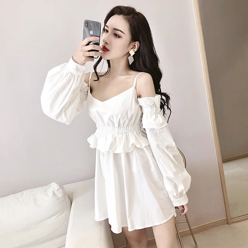 Women's Clothing Dresses sexy club solid a-line full spaghetti strap
off shoulder Spring and autumn mini-dress fashion brand