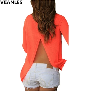 

VIIANLES Summer Hot Women's Sexy Blouse Backless Split Shirt Long Sleeve Chiffon Shirt Back Perspective Loose XXL Casual Tops