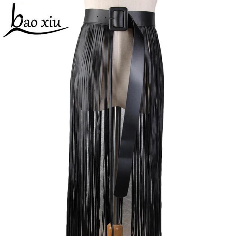  2019 Long tassel Boho Fringe wide belt ladies personality leather black belt women All Matching Wai