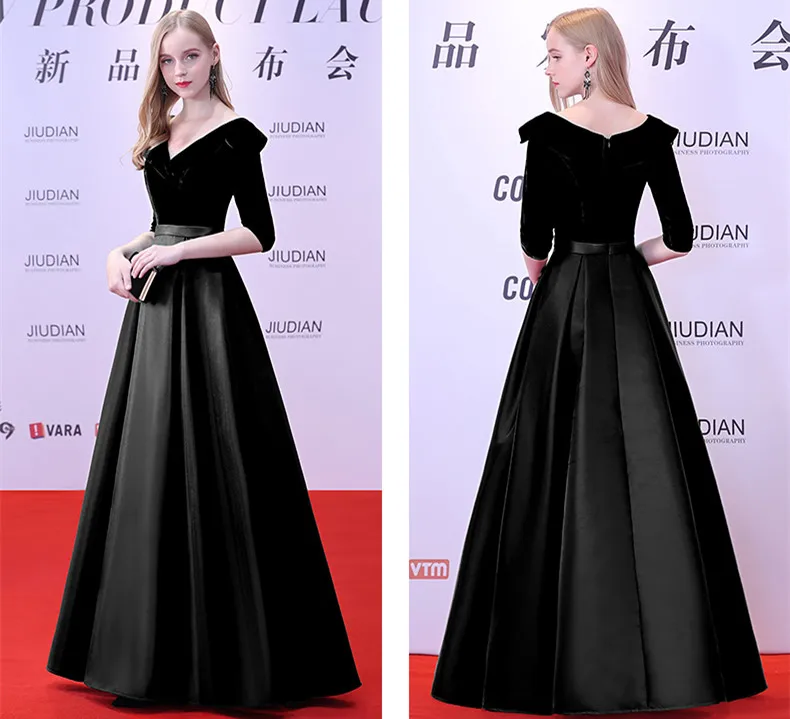 JaneVini Vestidos 2018 черный мать невесты платья V шеи Половина рукава атласная линии этаж Длина Для женщин Формальные вечерние платья