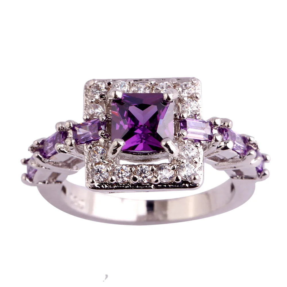 Fashion Women Noble Princess purple Square cut White 925 Silver color Ring Size 6 7 8 9 10