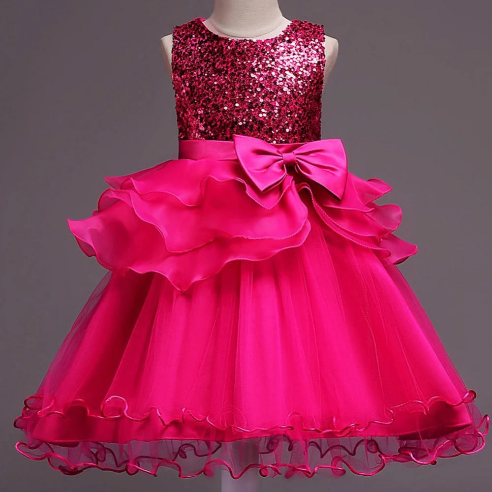 Girls Dress Sequined Multi layer Baby Party Dresses Big Bow Princess