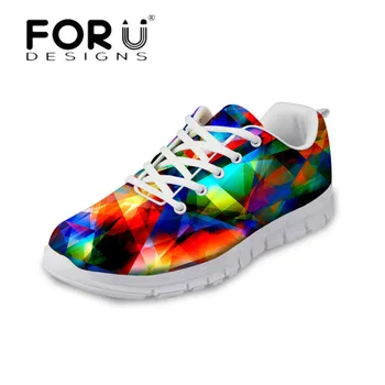

FORUDESIGNS Colorful Rainbow Women Walking Shoes Casual Flats Breathable Mesh Sneakers for Ladies Girls Light Lace Up Flat Shoes