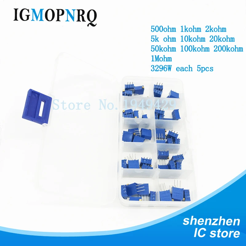 

50PCS 3296W Multiturn Trimmer Potentiometer Kit High Precision 3296 Variable Resistor With Free Box electronic diy kit
