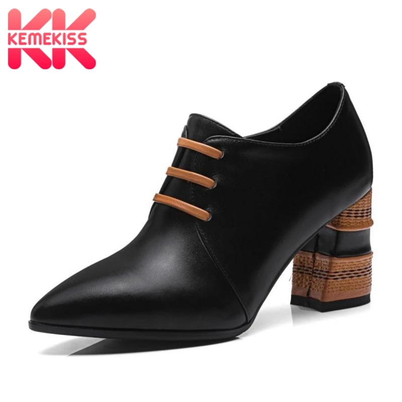

KemeKiss Woman High Heel Boots Genuine Leather Thick Heel Fashion Elastic Women Shoes Ladies Pointed Toe Footwear Size 34-39