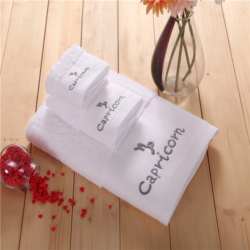 

100% Cotton White Towel Set Constellations Capricorn Embroidered Spa Beach Bath Wrap Handkerchief Washcloth Shower Bath Towel