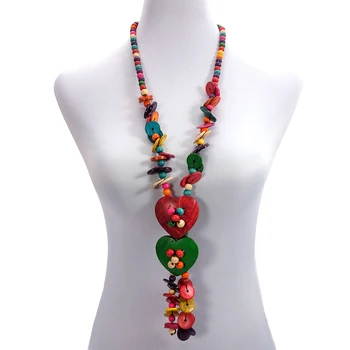 

BeUrSelf Bohemian Necklace Ethnic Coconut Shell Handmade Long Multi Color Wooden Beaded Double Heart Necklace Drop Shipping