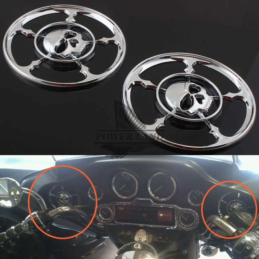 2x Chrome Skull Speaker Grills Cover For Harley Touring Electra Glide