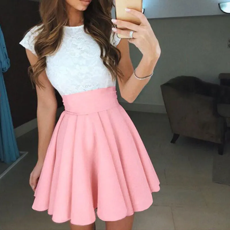 

Solid High Waist Fluffy Skirts Women Multi-Color Stitching Fashion Casual Ladies A-Line Knee Skirt Party Club Spring Summer New