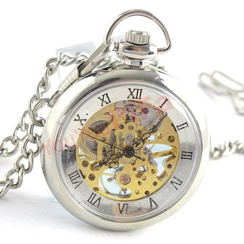 

Silver Hand Wind Mechanical Pocket FOB Watches with Box Steampunk Roman Numerals Pocket Watches with Chain Groom Gift