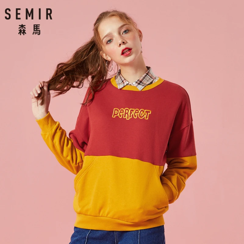 

SEMIR Women Color Block Sweatshirt with Kangaroo Pocket Rmbroidered Pullover Sweatshirt Crewneck Sweatshirt Ribbed Cuff and Hem