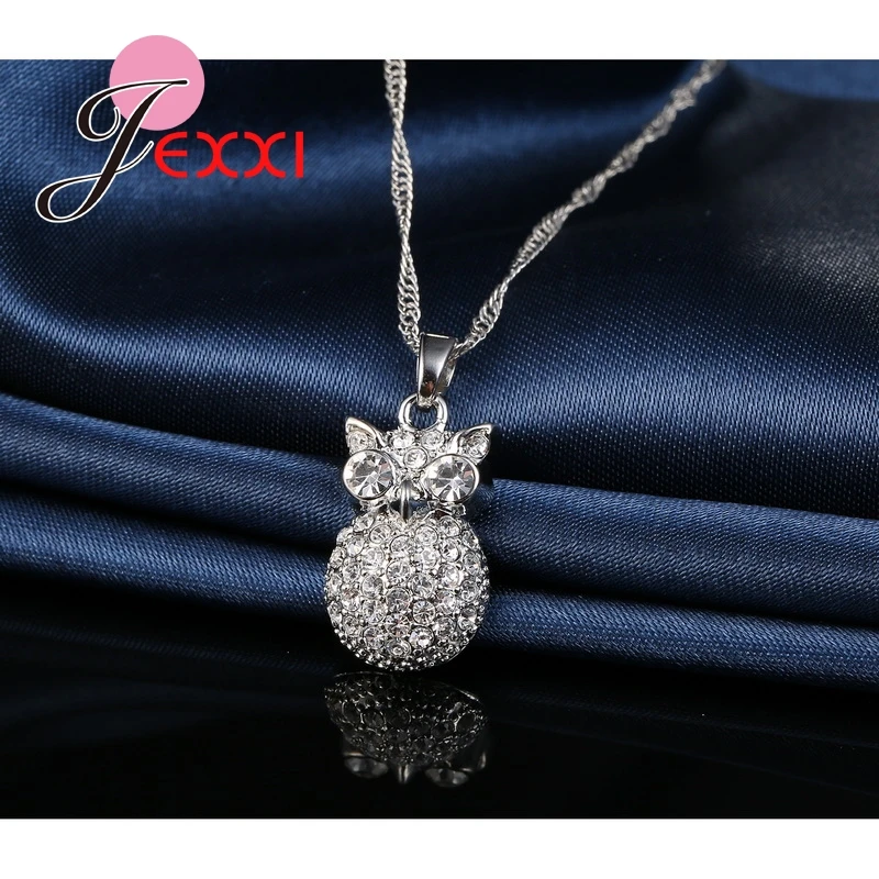 New-925-Sterling-Silver-Full-Cubic-Zirconia-Owl-Pendant-Necklace-Stud-Ear-Earrings-Brincos-Wedding-Jewelry