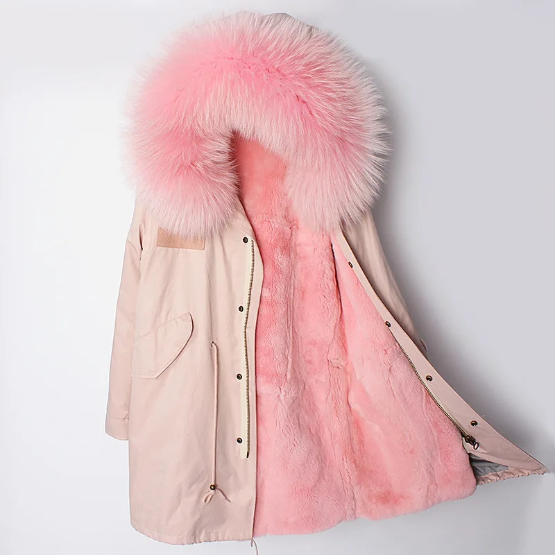 

2019 Winter Jacket Women New Natural Real Rex Rabbit Fur Liner Raccoon Fur Collar Coat Outerwear Casual Fashion Thick Brand