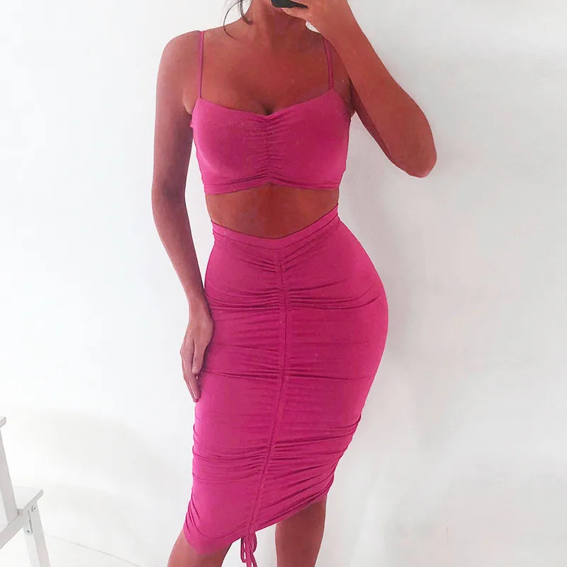 

2019 Pleated Adjustable Length Two Piece Set Crop Top And Skirt Set 2 Piece Set Women Sexy Ruched Bodycon Two Piece Outfits
