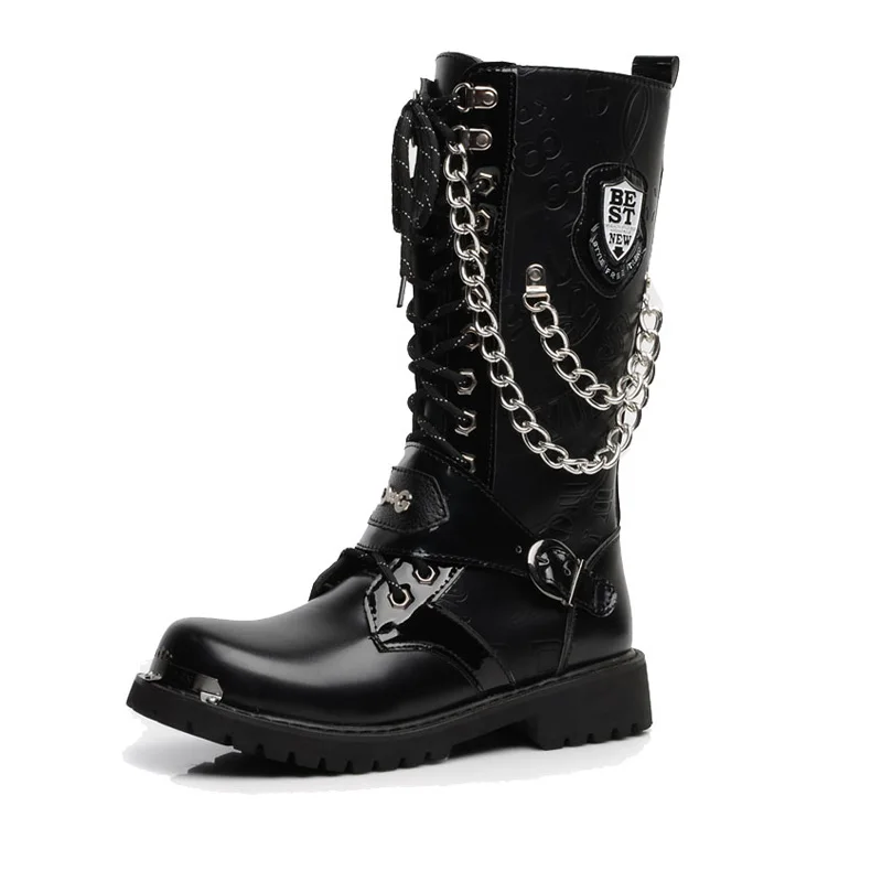 MWCTDU Army Boots Men High Military Combat Men Boots Mid Calf Metal Chain Male Motorcycle Punk Boots Spring Men's Shoes Rock - Цвет: Черный