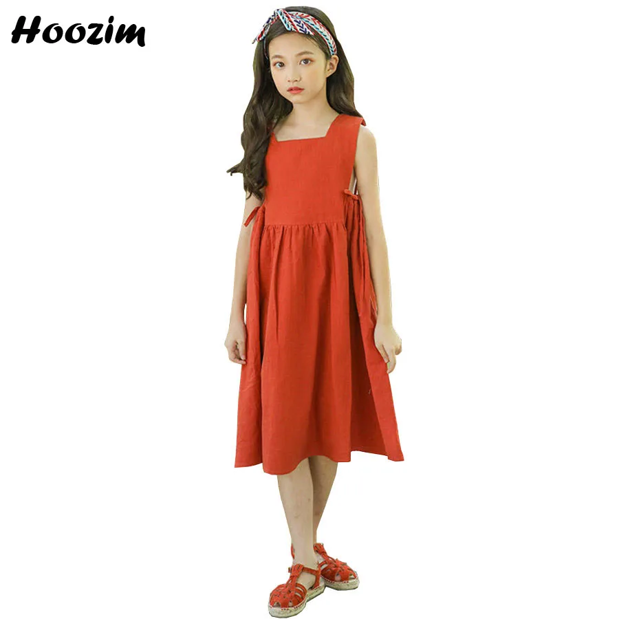 

European Long Linen Dress Girls 9 10 11 12 13 Years Casual Holiday Dresses Teenage Summer Yellow Beach Suspender Dress Children