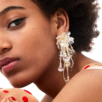 

ZA 6 colors FALCON TASSEL EARRING HAND MADE STATEMENT LACE FLOWER CRYSTAL BEADS TASSEL EARRINGS WITH FABRIC FLOWERS