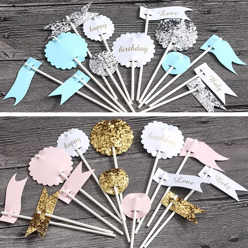 

new glitter flag happy love cake topper for birthday cupcake flag baby shower party wedding decoration supplies