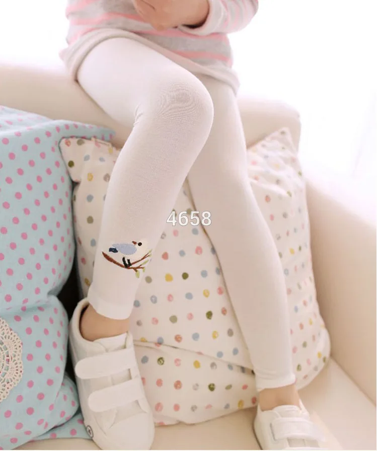 Детские хлопковые штаны с украшением для девочек с изображением птицы теплые стретчевые леггинсы штаны - Цвет: Белый