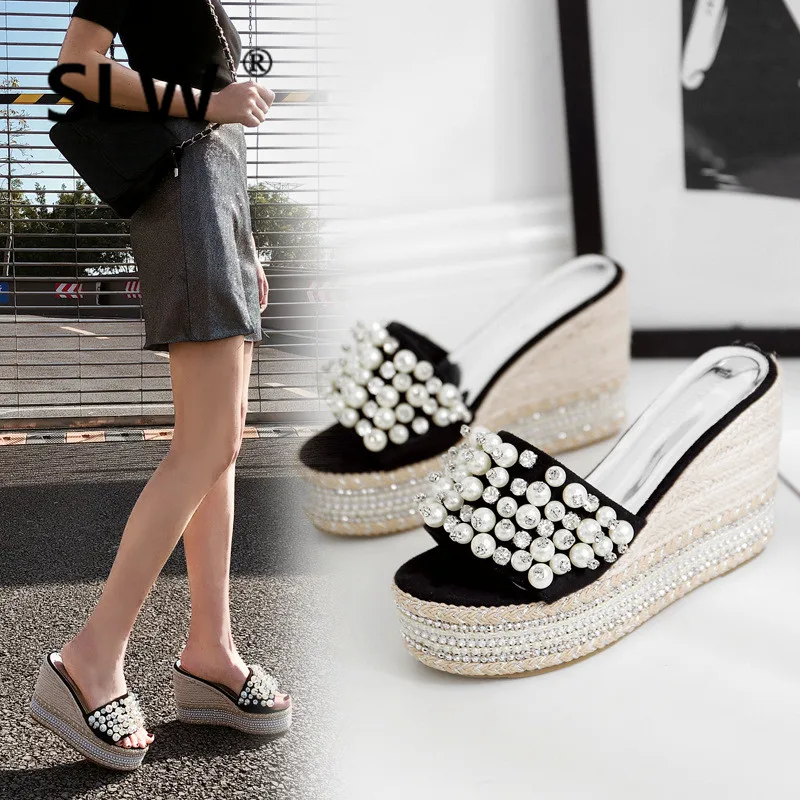 

Women's Slippers 2019 Woman Shoes Luxury Heeled Mules Platform Glitter Slides Flock String Bead On A Wedge New Designer