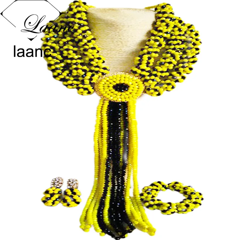 Laanc Африканский Стиль модные желтые и серебро хрустальный шар в нигерийском стиле набор ювелирных украшений из бисера Для женщин al577