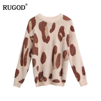 

RUGOD Leopard Printed pullover sweaters Fashion Long sleeve knitted jumper sweaters women Round neck sweater pull femme hiver