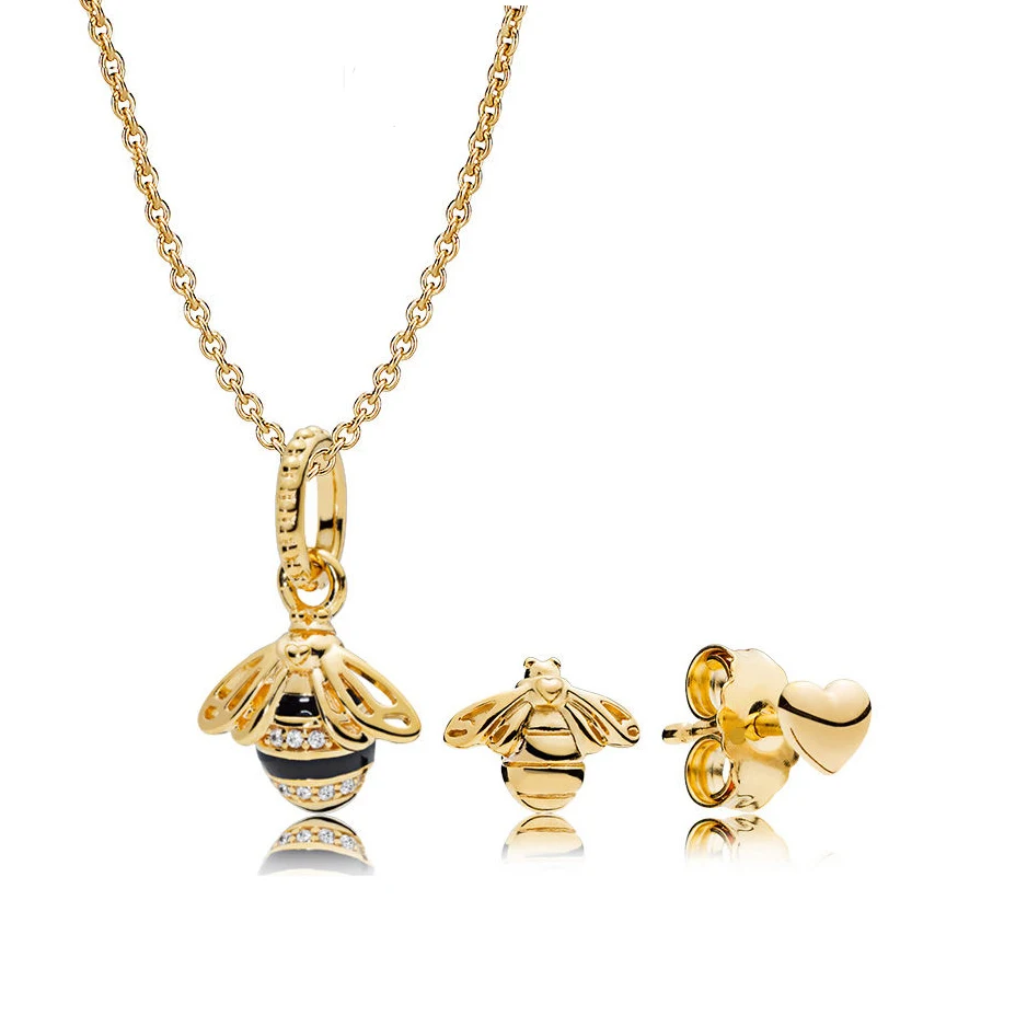 

NEW 2018 NEW 100% 925 Sterling Silver New 1:1 Genuine Cute Bee 18 Gold Necklace Earrings Pendant Chain Jewelry Set