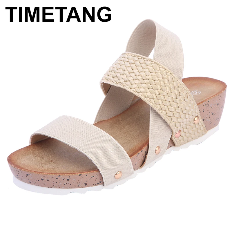 

TIMETANGWedges Sandals For Women Elastic Band Platform Casual Flat Soft PU Leather Summer Large Size Comfotable Lightweight Shoe