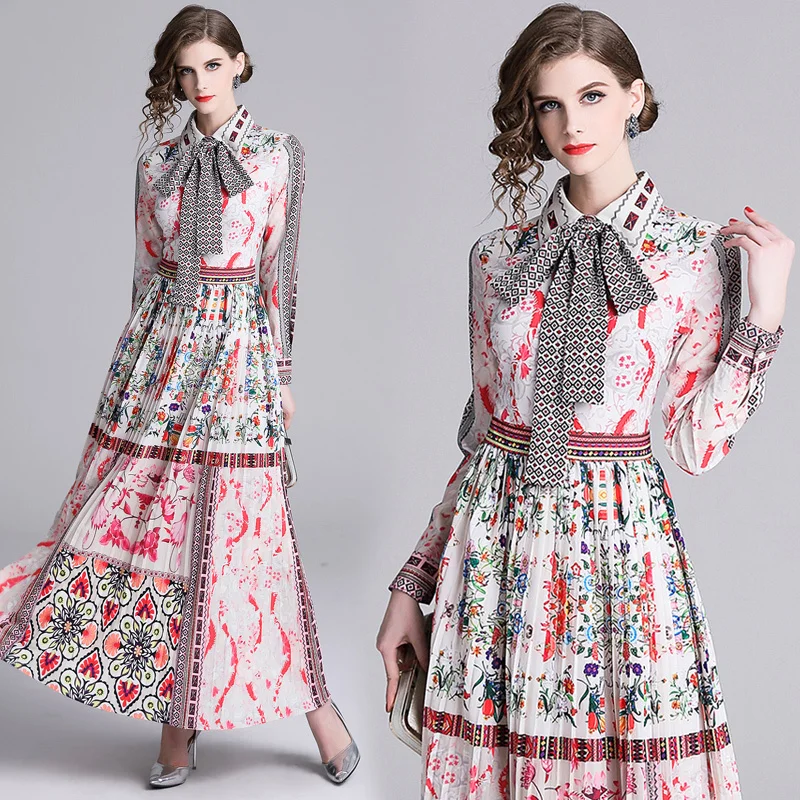 

2019 Spring Summer Fall Runway Floral Print Collar Bow Tie Neck Empire Waist Long Sleeve A-Line Women Party Casual Maxi Dress