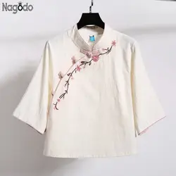 Nagodo китайский стиль льняные Топ 2019 Весна Лето Вышивка Cheongsam рубашка традиционная китайская одежда для женщин Hanfu s-xxl