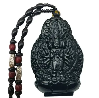 

Koraba Fine Jewelry Clin-kk Natural Obsidian1000 Arm Hands Avalokitesvara Kwam-Yin Buddha Necklace Pendant Free Shipping