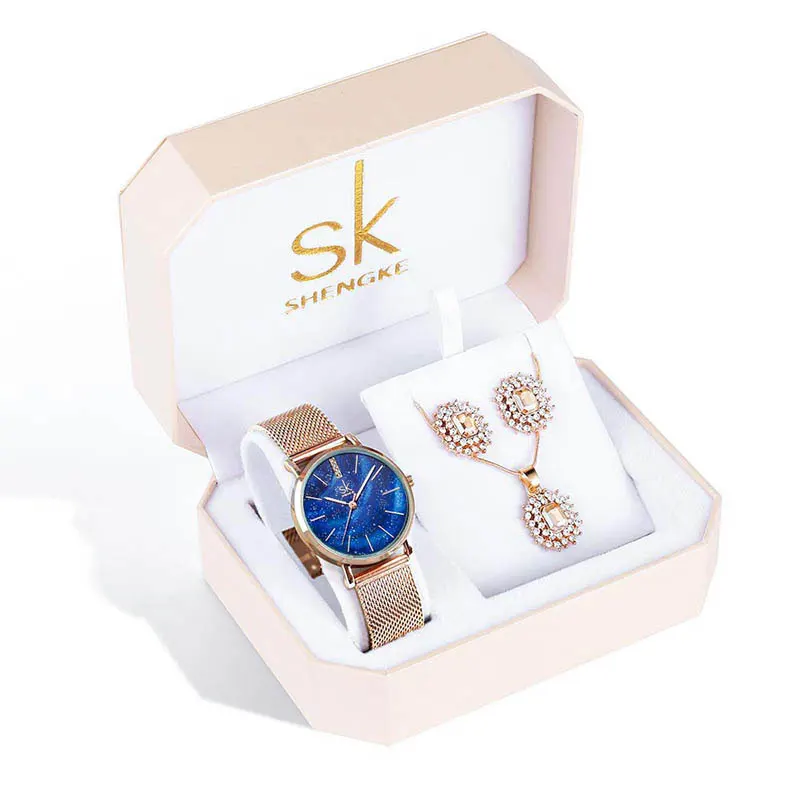 Shengke женские кварцевые комплект часов женские серьги из розового золота ожерелье SK женские часы ювелирный набор роскошный подарок Relogio Feminino - Цвет: K0103-BE-RG-XL001