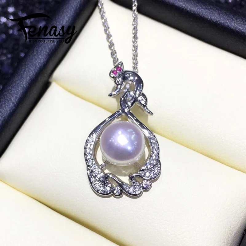 

FENASY Pearl Jewelry Natural Pearl Pendant Necklace For Women 925 Sterling Silver Jewelry Swan Party Jewelry 8-9mm Beads