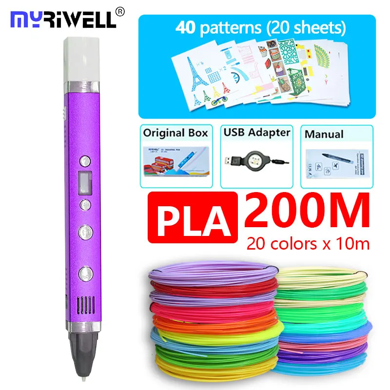 Высококачественная 3d Ручка myriwell RP100C с металлическим корпусом, 3 d ручка PCL ABS PLA, 3 режима, питание от USB, безопасная 3D Ручка для печати, лучший подарок - Цвет: Purple add pattern