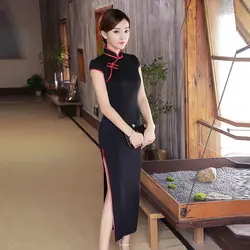 Пикантные черные сапоги Длинные Cheongsam 2018 Традиционный китайский стиль платье Новинка Для женщин район Qipao тонкий Платья для вечеринок и