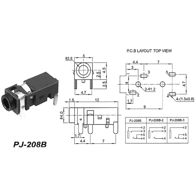 100pcs Jack 2 5mm Headphone Connector Four Feet Pin 90 Degrees Horizontal PJ 208B Plug in Audio Connection Socket Headset Plug