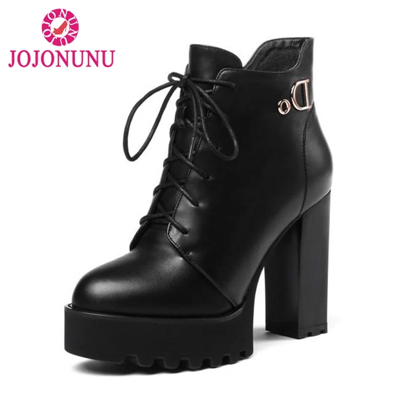 

FITWEE Women Thick High Heels Ankle Boots Lace Up Platform Shoes Women Winter Strappy Boots Round Toe Zipper Shoes Size 34-39