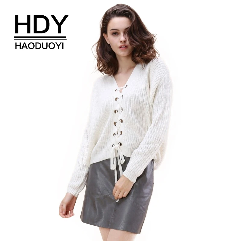 HDY Haoduoyi сплошной белый Сладкий Для женщин свитер с v-образным вырезом и длинным рукавом High-Low Кружева-Up Кардиганы элегантный дизайн
