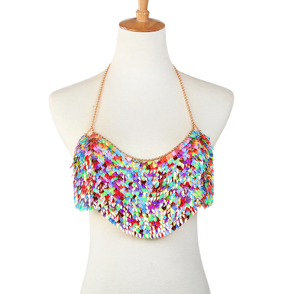 

New Fashion Hanging Neck Back Body Metal Shiny Sequin Colorful Leaf Vest Pendant Bodychain Necklaces Jewelry Women Duftgold
