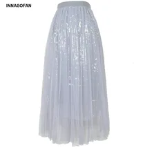 INNASOFAN/фатиновая юбка с блестками, Женская весенне-летняя пляжная плиссированная юбка с высокой талией, Евро-американская модная длинная юбка