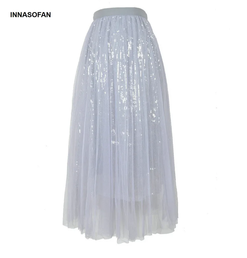 

INNASOFAN tulle glitter skirt female Spring-Summer beach pleated skirt high waist Euro-American fashion long skirt