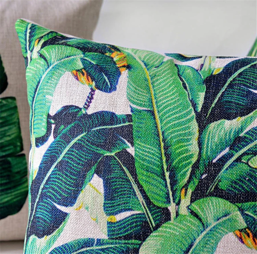 Современные европейские квадратные подушки с зелеными листьями, подушки для дивана с растительным поясом, наволочки из хлопка и льна, домашний декор