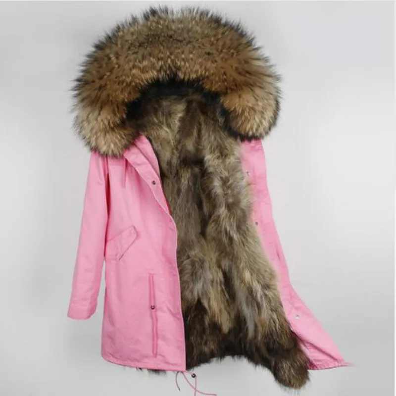 Модная зимняя одежда воротник из натурального меха енота с подкладкой Длинная Большой воротник из меха енота, Повседневная зимняя куртка для женщин