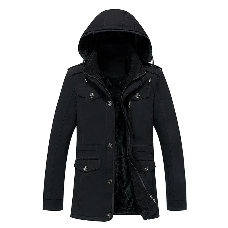 Зимняя Мужская парка плюс бархатные теплые ветрозащитные пальто мужские военные куртки с капюшоном casaco masculino casacos мужская верхняя одежда пальто - Цвет: black