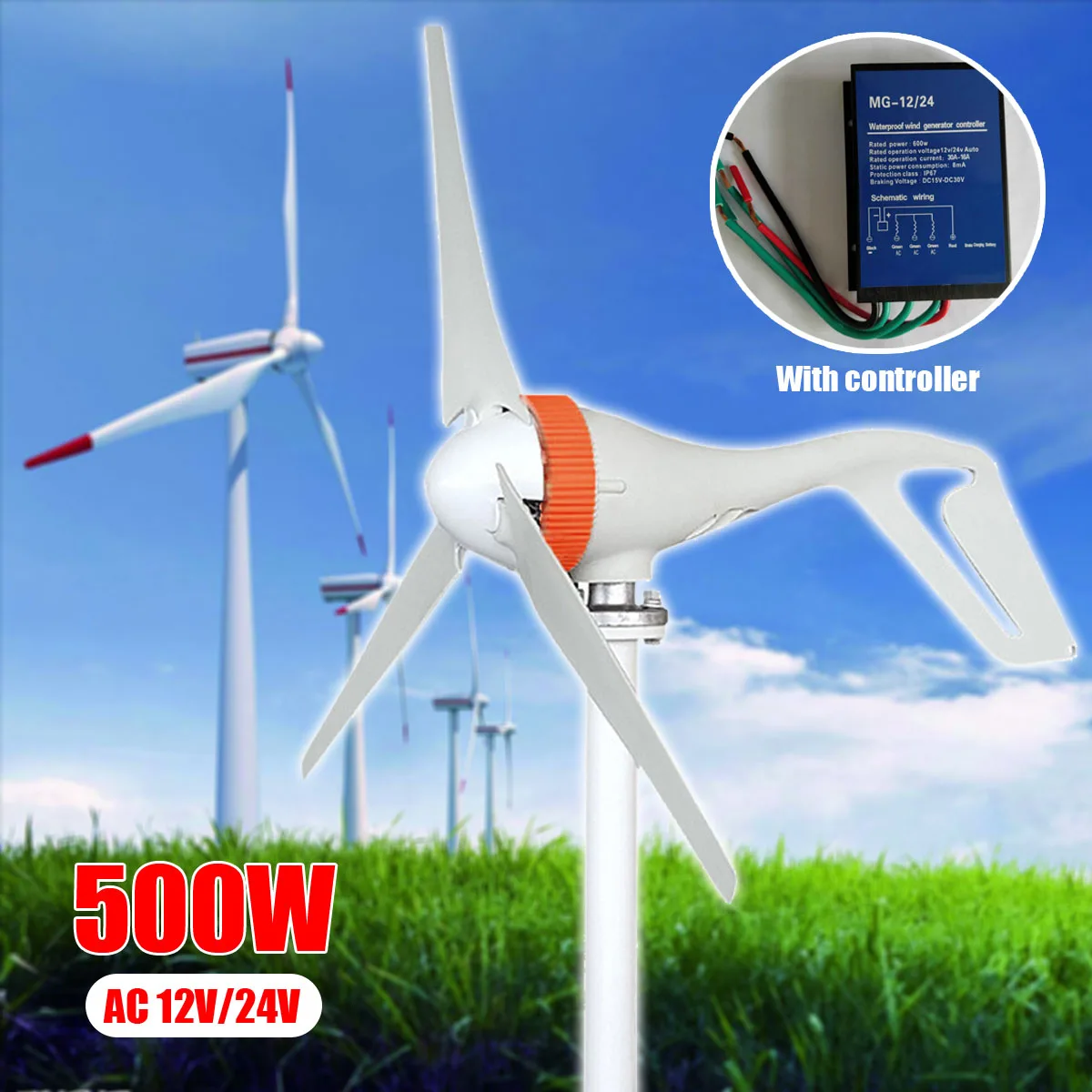 

AC 12V/24V 500W Miniature Wind Turbines Generator Mini Wind Turbines With Controller 3 Blades Wind Generator for Home Use